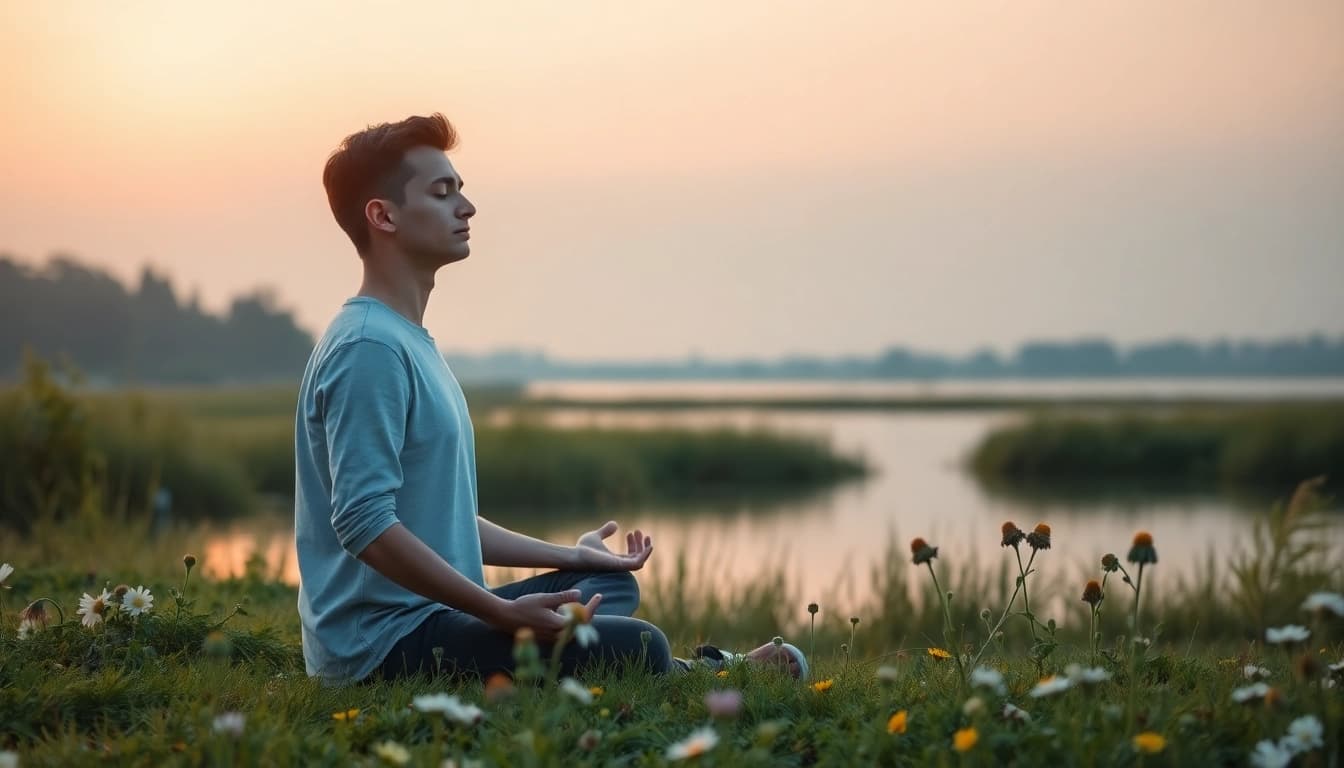 Enhance your mental wellness through peaceful meditation by a tranquil lake surrounded by nature.
