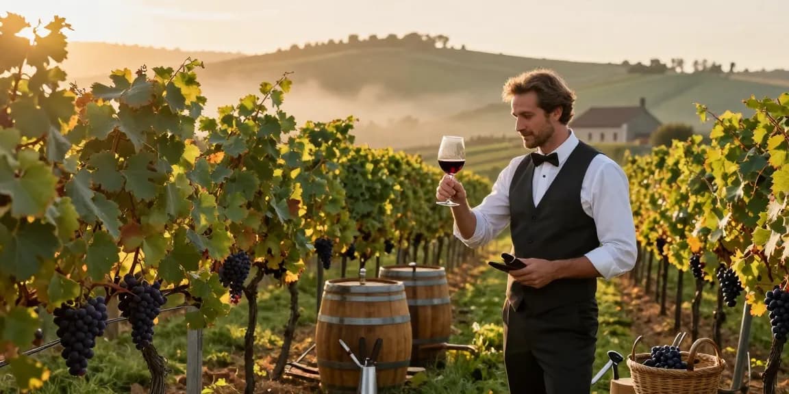 A sommelier inspecting a glass of red wine from 1942 in a stunning vineyard at sunrise.