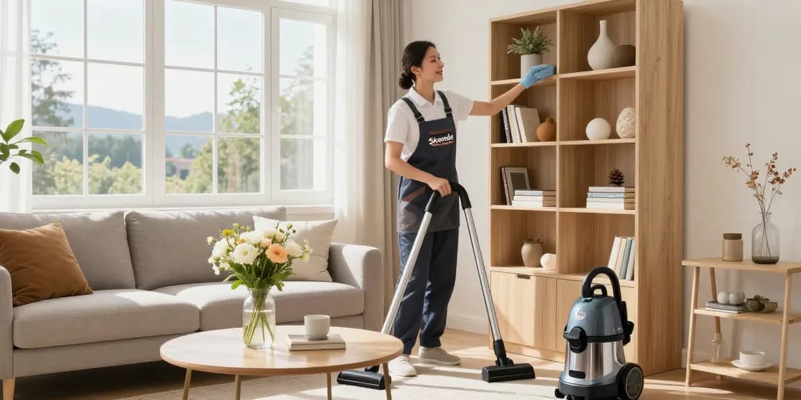 Clean and bright living room scene with a professional reinigungsunternehmen bern cleaner dusting shelves, showcasing quality service.