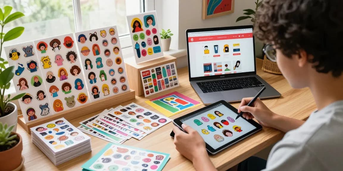 Custom stickers displayed in an inspiring workspace while a designer creates unique designs.