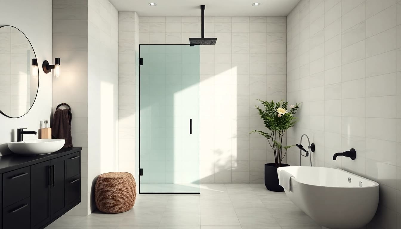 Stylish black shower door enhancing a modern bathroom with sleek fixtures.