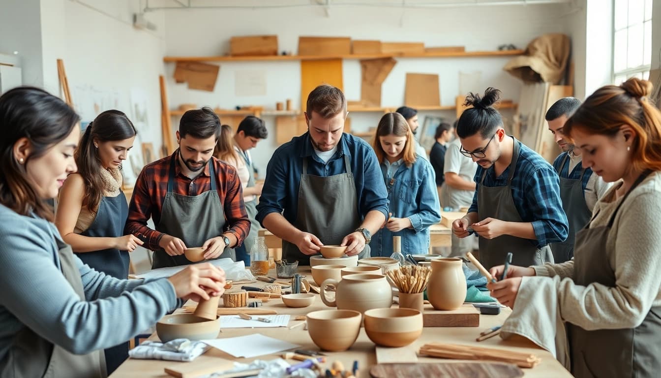 Engaged participants in craft training programs collaborate on various creative projects.