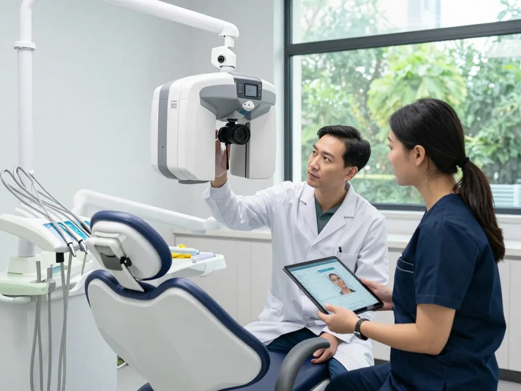 Dental news and advanced technology in a modern dental clinic showcasing equipment examination by professionals.
