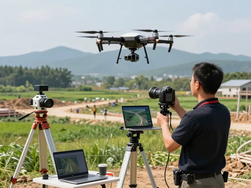 Technician using a drone laser scanner for precise 3D mapping of a construction site.