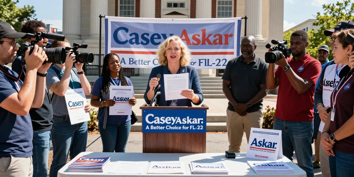 Casey Askar at a press conference discussing his campaign for FL-22.