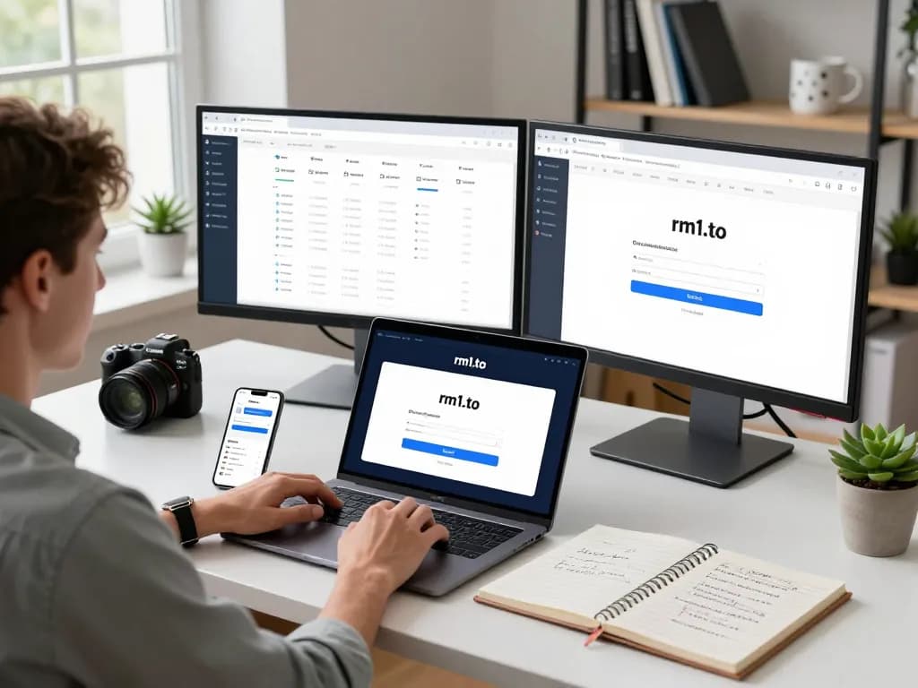 Modern workspace featuring a user logging into rm1.to on laptop with analytics displayed, emphasizing tech professionalism.