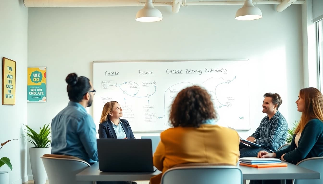 Engaged clients receiving career coaching in a modern, inviting office setting.
