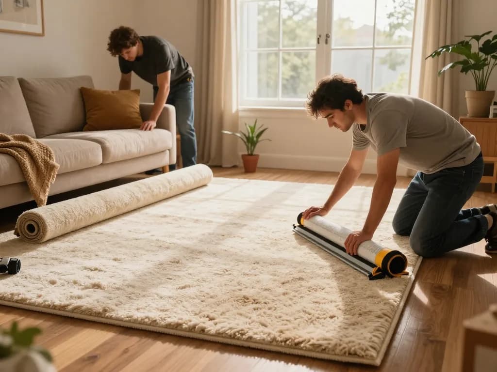 Home carpet fitting services in a cozy living room with professionals laying down plush carpet.