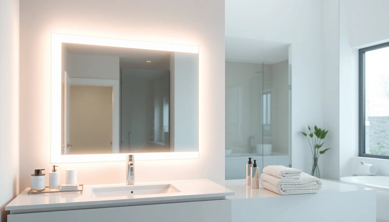Illuminate your bathroom with an elegant led mirror, featuring a sleek design and modern sophistication.