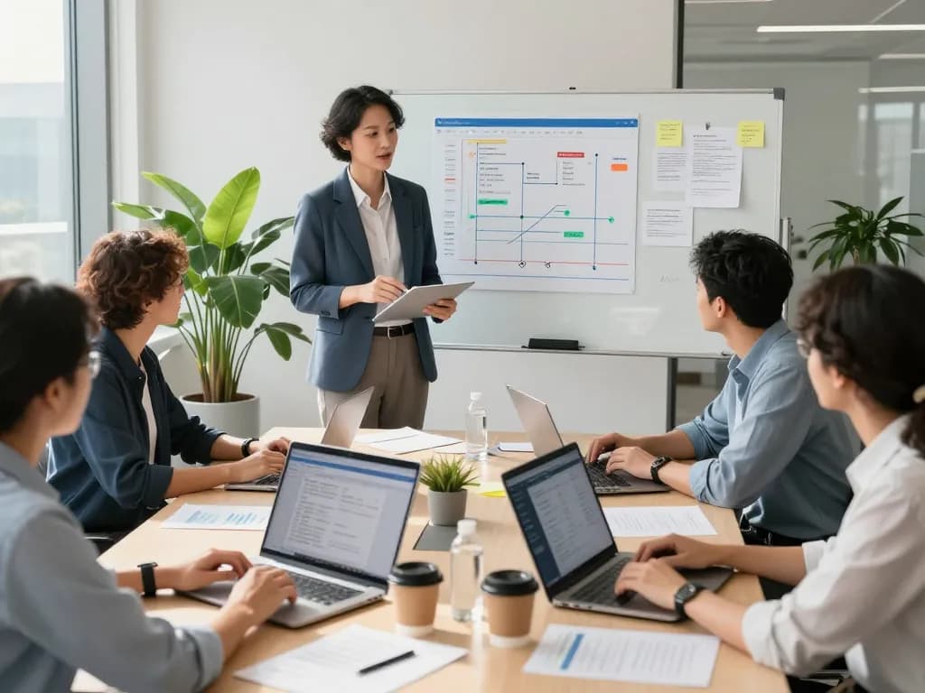 Business team collaborating on automation solutions in a modern office setting.