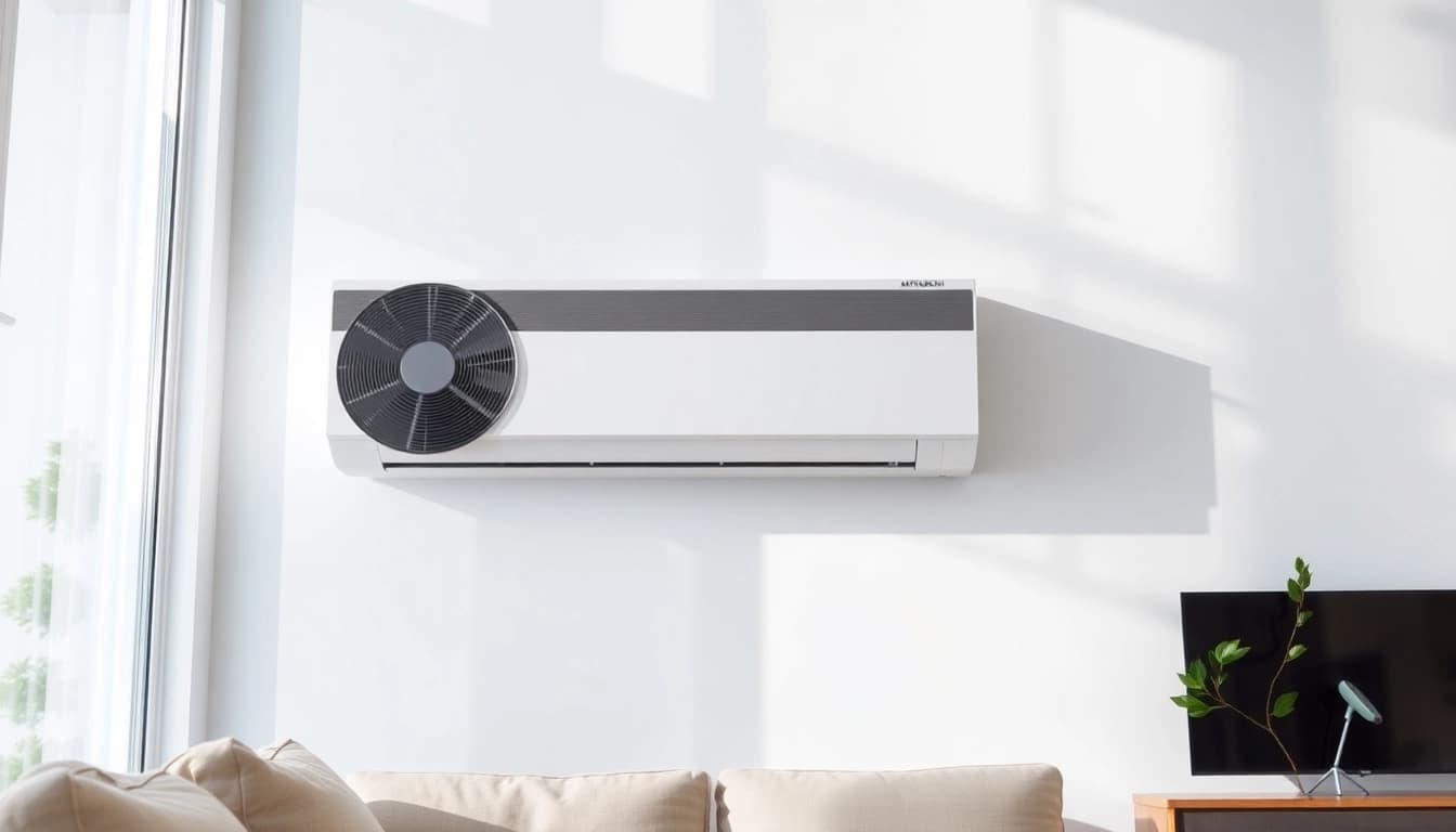 Showcase of a Mitsubishi mini split AC in a stylish living room demonstrating modern design and efficiency.