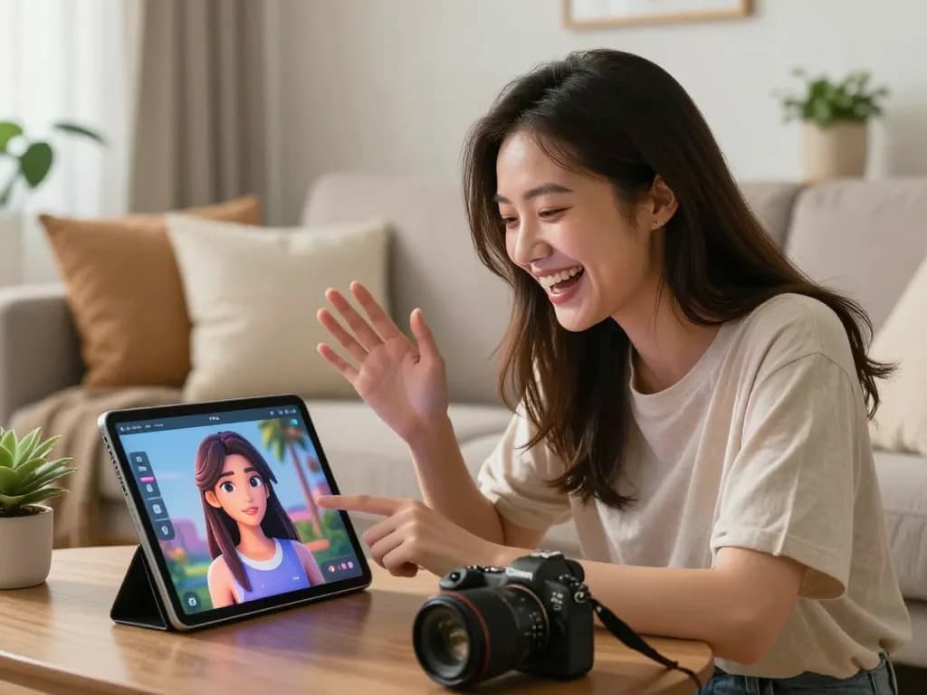 A young woman enjoying a chat with her AI gf on a tablet in a cozy living room.