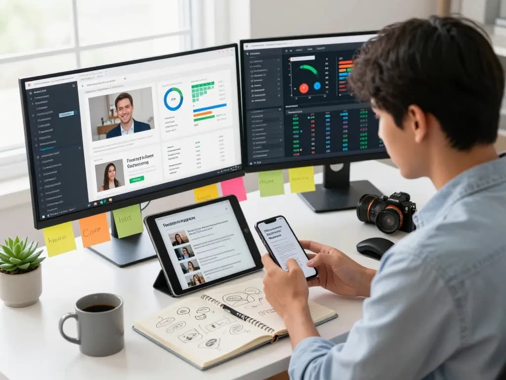 Content creator analyzing NSFW trends in a vibrant digital workspace