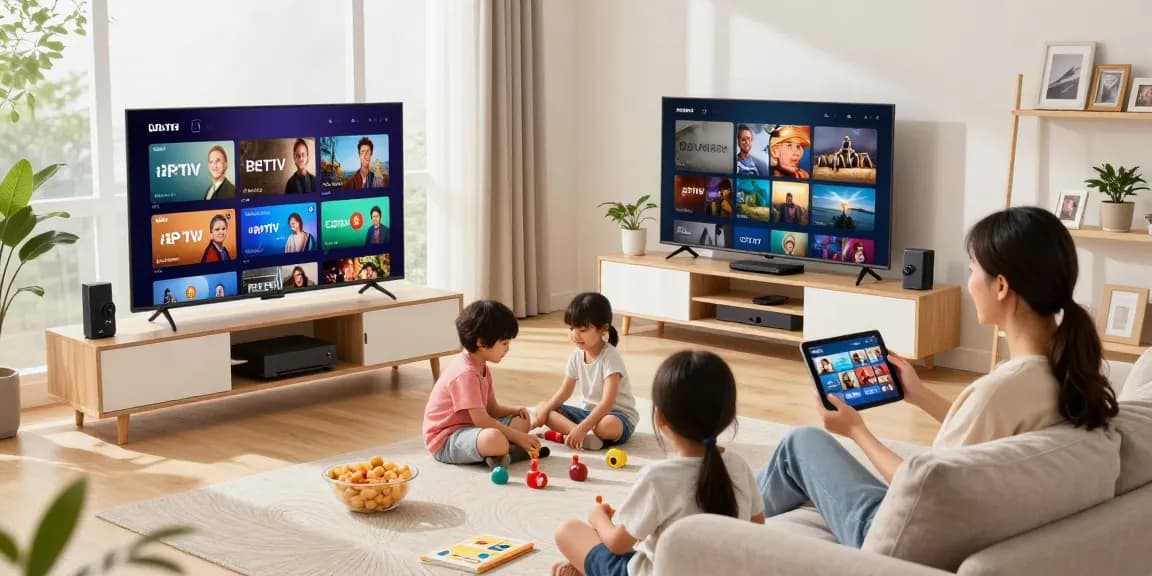 Family enjoying cord-cutting solutions in a modern living room focused on IPTV content.