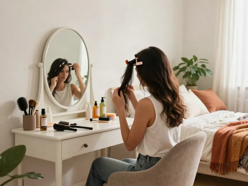 Woman applying scalp hair fill-ins clip ins at a bright vanity, showcasing a stylish beauty routine and hair transformation.