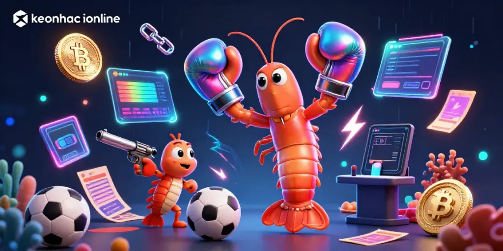 Engage with keonhacaionline's vibrant 3D sports betting scene featuring cartoon shrimp characters amidst crypto coins and betting elements.