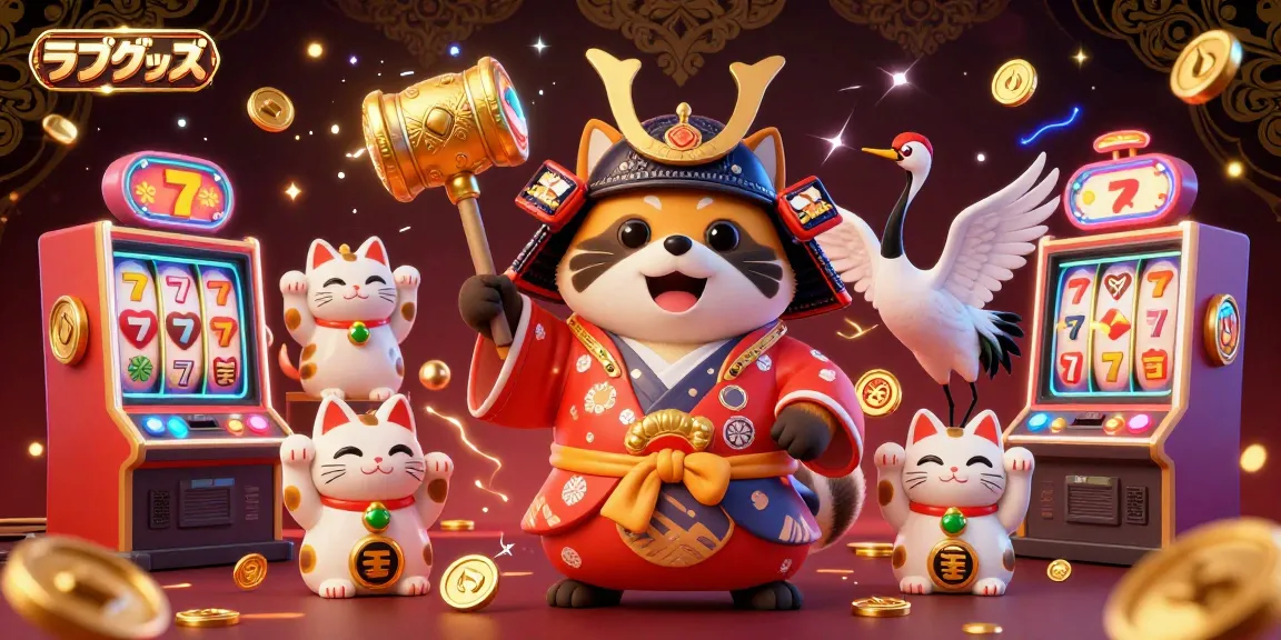 Engage with vibrant ラブグッズ scene featuring a cheerful tanuki and exciting casino slots.