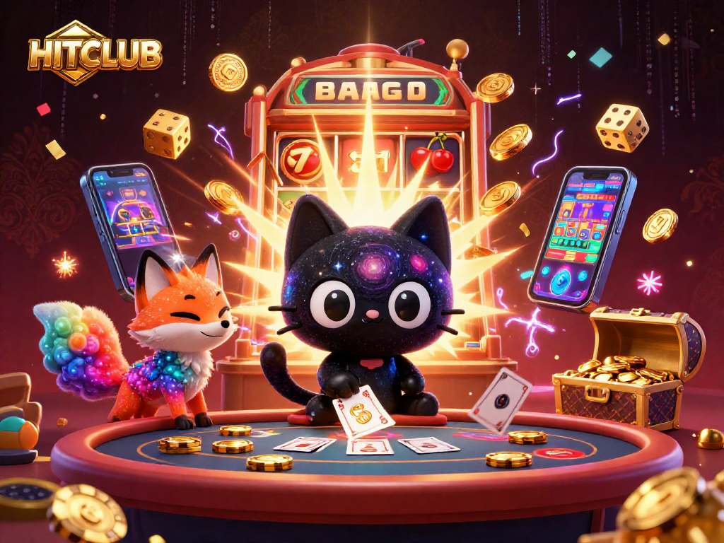 Win big at HITCLUB with vibrant 3D illustration showing cosmic cat and fox at a jackpot casino table.