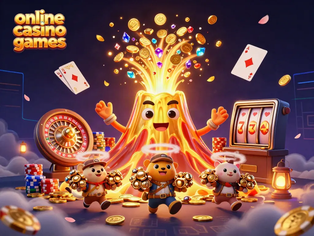 Experience dynamic online casino games with treasure-filled volcano and animated characters in a vibrant setting.
