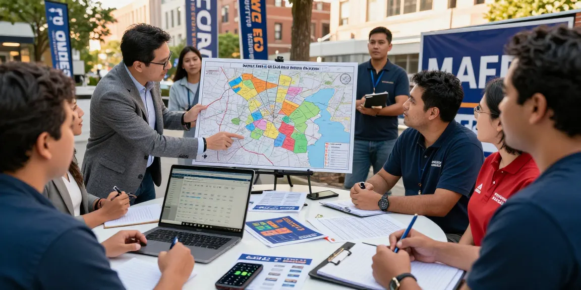 Collaborative strategy session showcasing down ballot campaign marketing in diverse city for effective voter engagement.