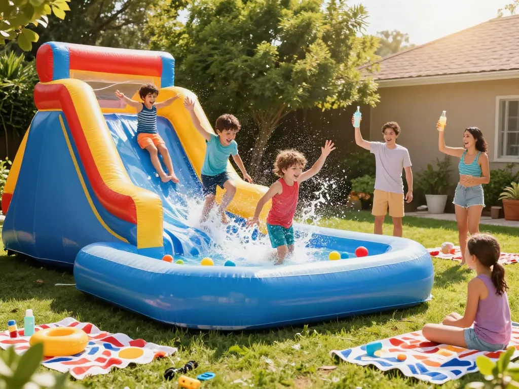 Excited children sliding down a colorful water slide in a sunny backyard.