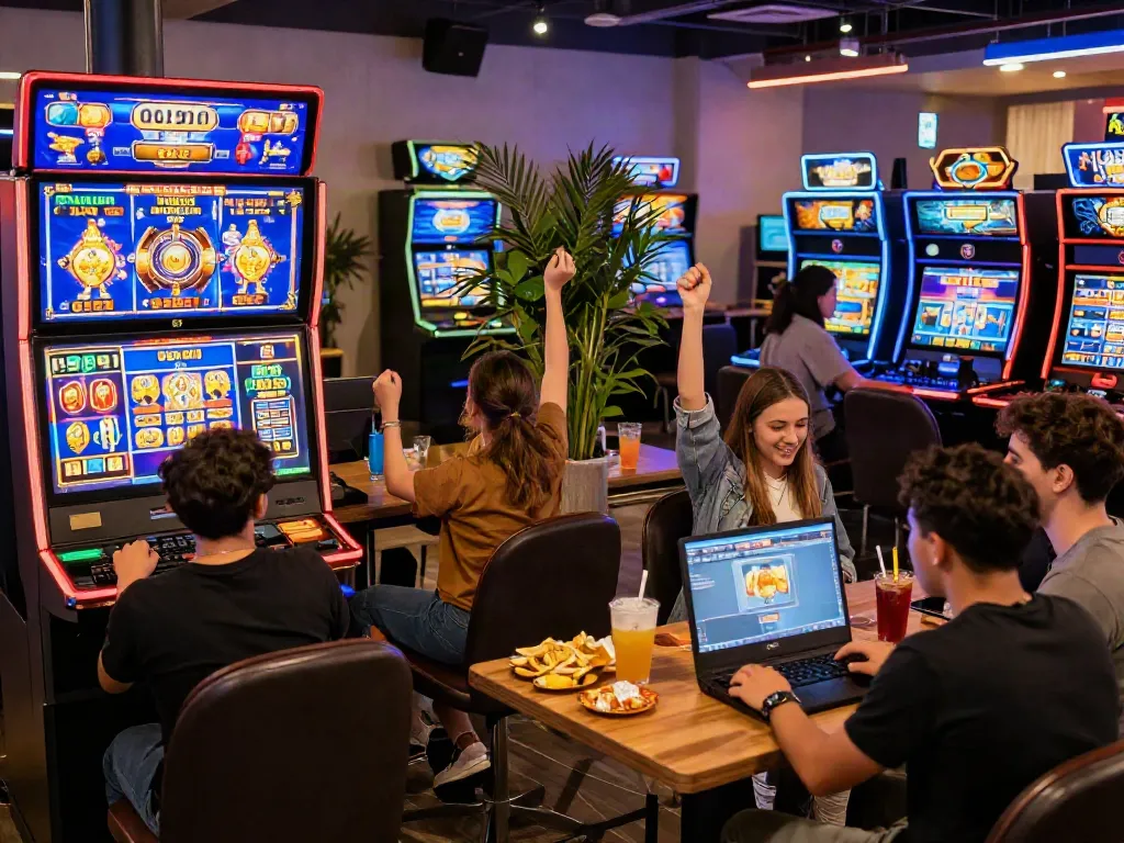 Exciting situs slot gaming scene with diverse players celebrating wins in vibrant lounge.