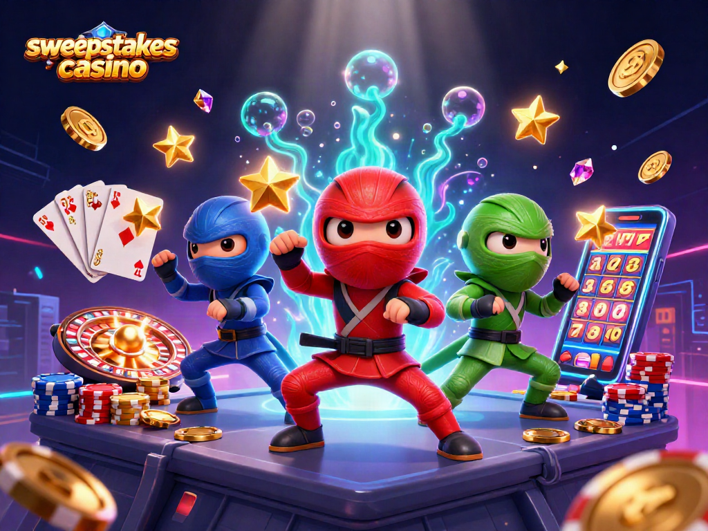 Sweepstakes casino scene showcasing a ninja chameleon trio performing martial arts amid magical casino elements.