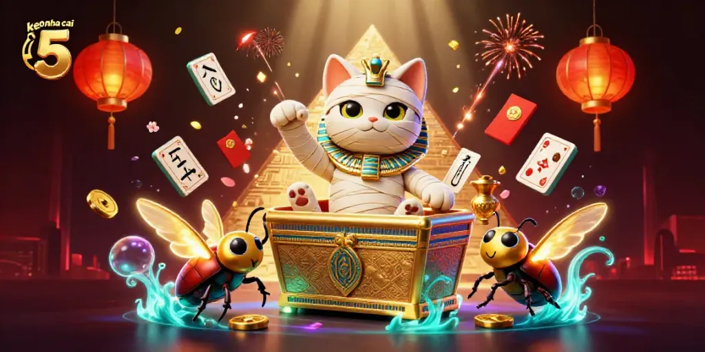 Experience the thrill of keo nha cai 5 with this vibrant 3D scene highlighting a mummy cat.