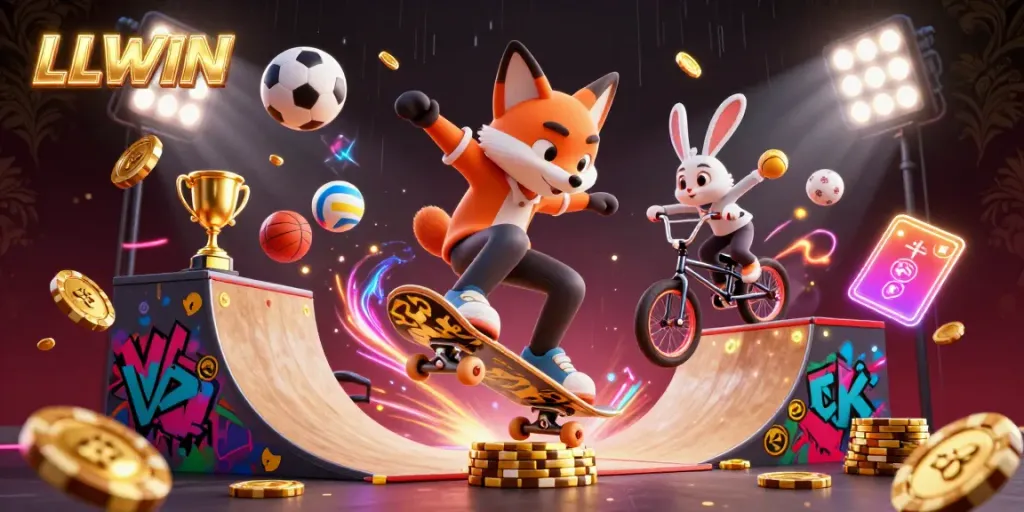 Experience thrilling gambling action with LLWIN as a skateboarder fox performs tricks over golden poker chips in this vibrant illustration.