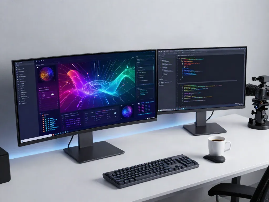 Network penetration testing analytics on a modern developer's desk showcasing cybersecurity tools and software development.