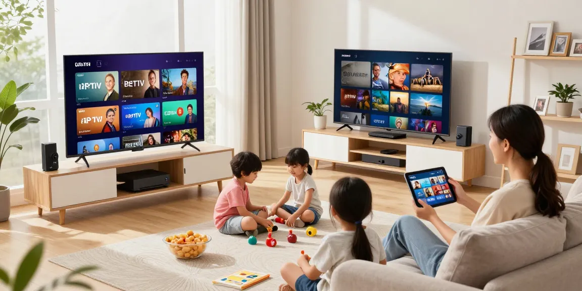 Family enjoying cord-cutting solutions in a modern living room focused on IPTV content.