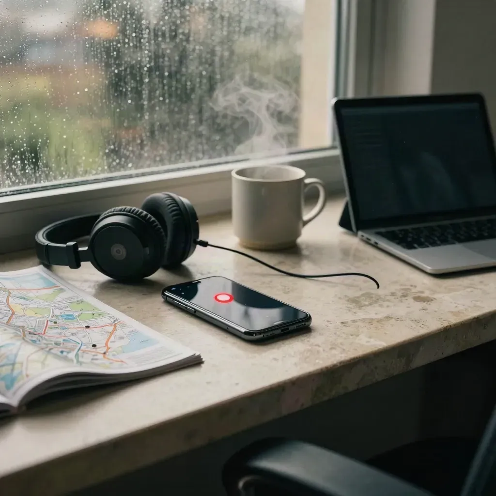 Newsroom desk with glowing phone, recorder, headphones, map, mug and tablet by rainy window.