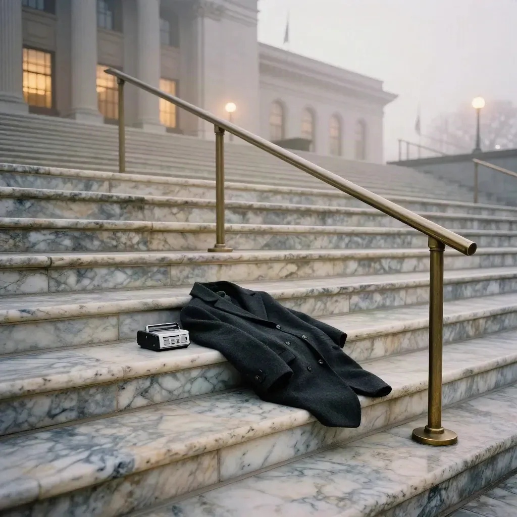 Marble steps and brass stanchions below a government building at sunrise in thin fog.