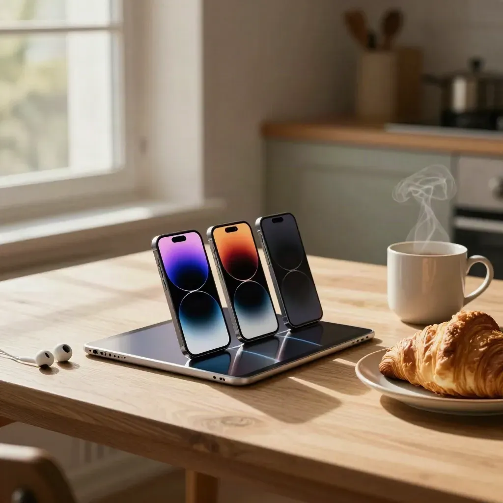 Breakfast table with phones, tablet, earbuds, croissant, and mug by a sunlit window.