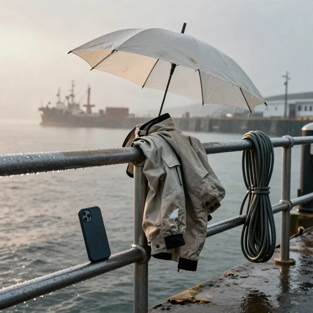 Rain-swept harbor railing with umbrella, rescue jacket, phone, and coiled cable in close-up