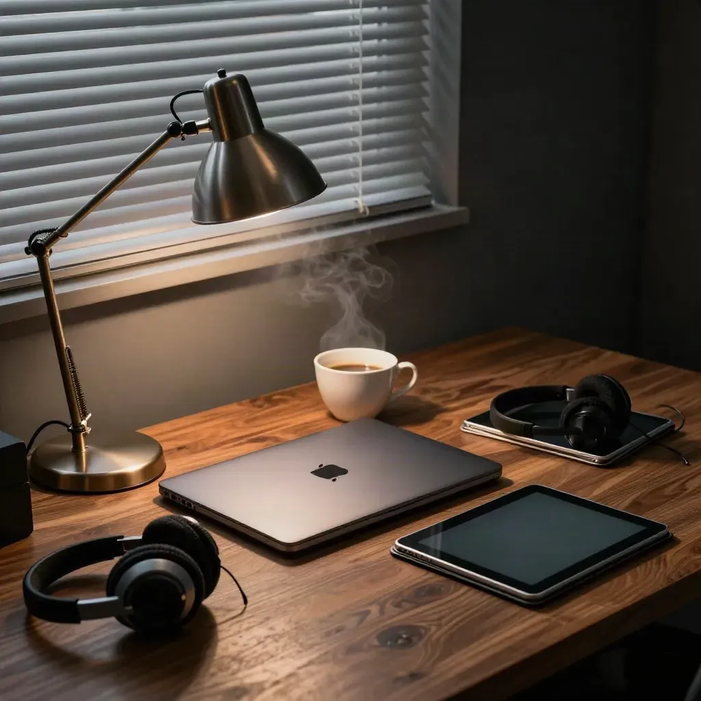 Night newsroom desk with laptop, lamp, headset, coffee cup and tablets under blinds