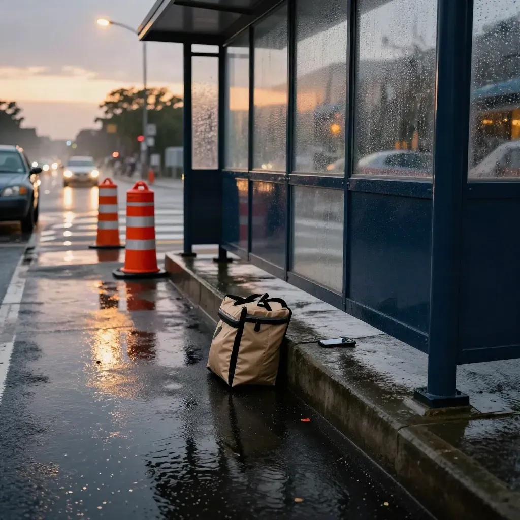 Rainy city intersection with cones, transit shelter, delivery bag and phone on a curb at dusk