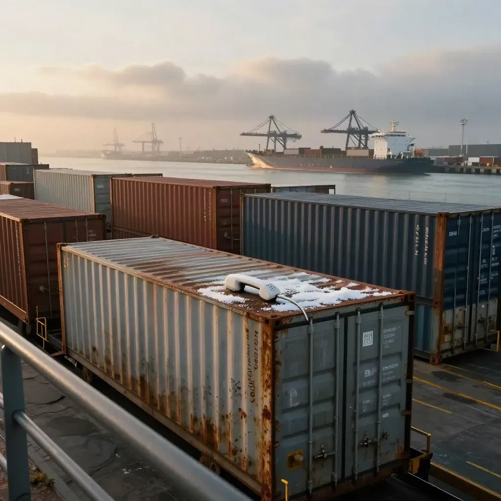 Daybreak freight port with stacked containers, crane silhouette, ship, and a white handset on steel.