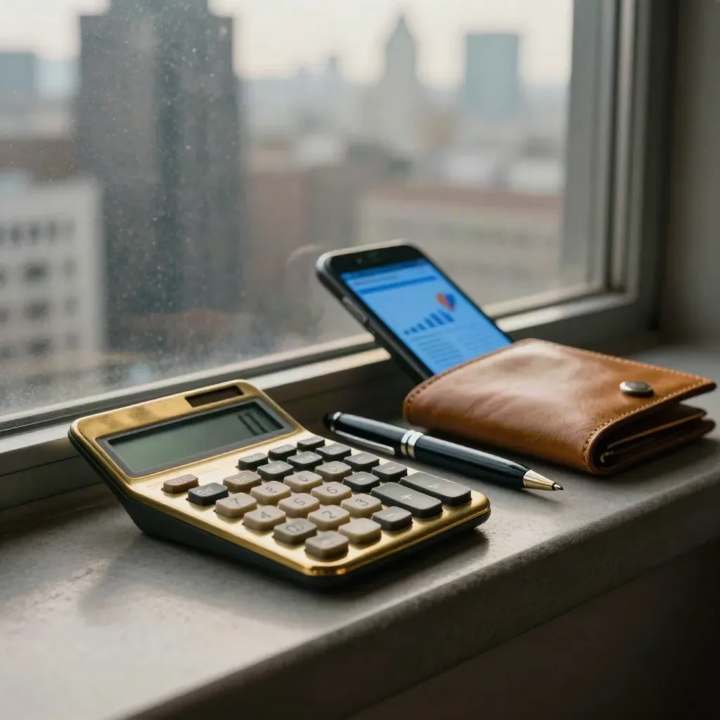 Brass calculator, wallet and phone on a finance-district ledge in cool morning light