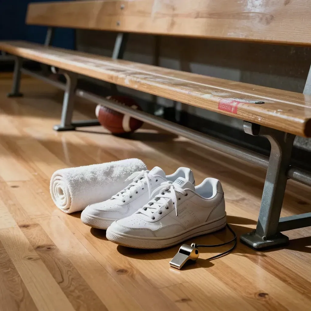 Empty arena bench with taped sneakers, towel, whistle, and ball under seats in warm sidelight.