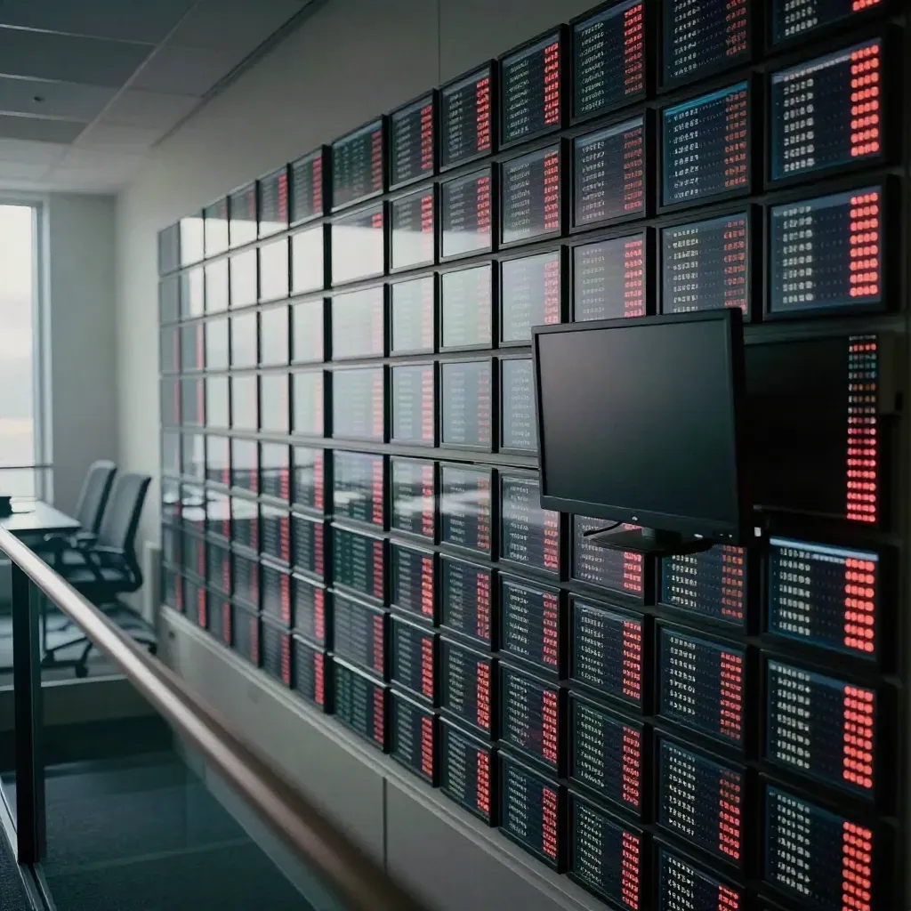 Moody newsroom wall with glowing tally lights, tablets, chairs, and a dark monitor
