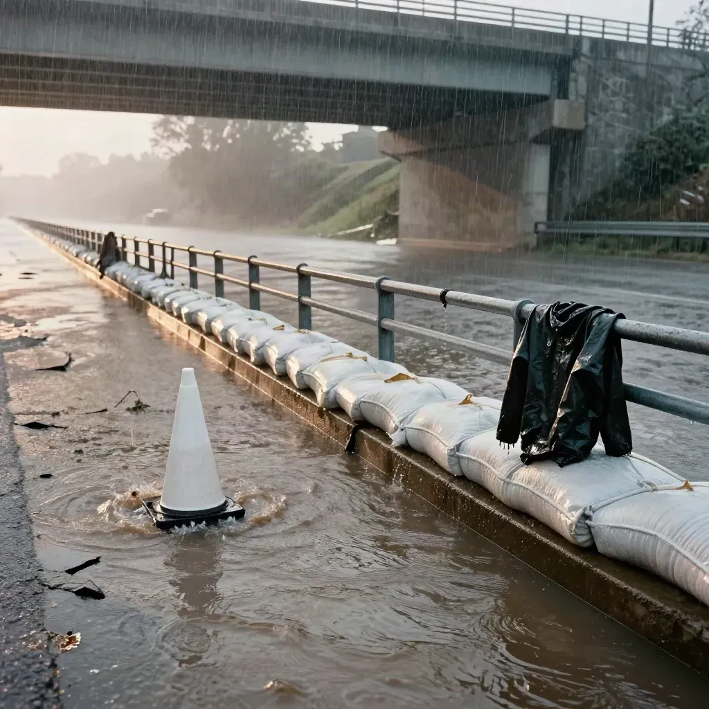 Flooded roadside under an overpass with cones, sandbags, a dripping jacket, and rushing brown water at dawn