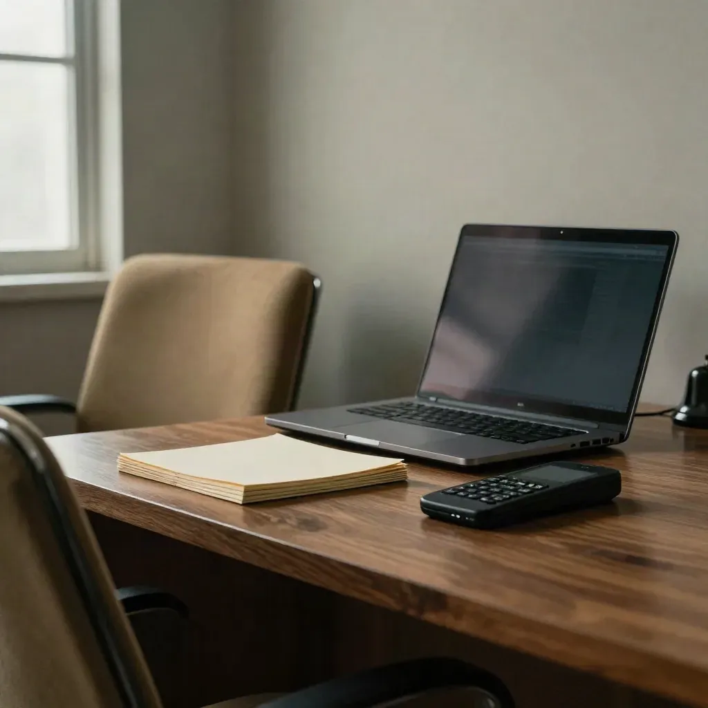 Shut laptop, glowing phone and chair backs on a trading desk after market close.