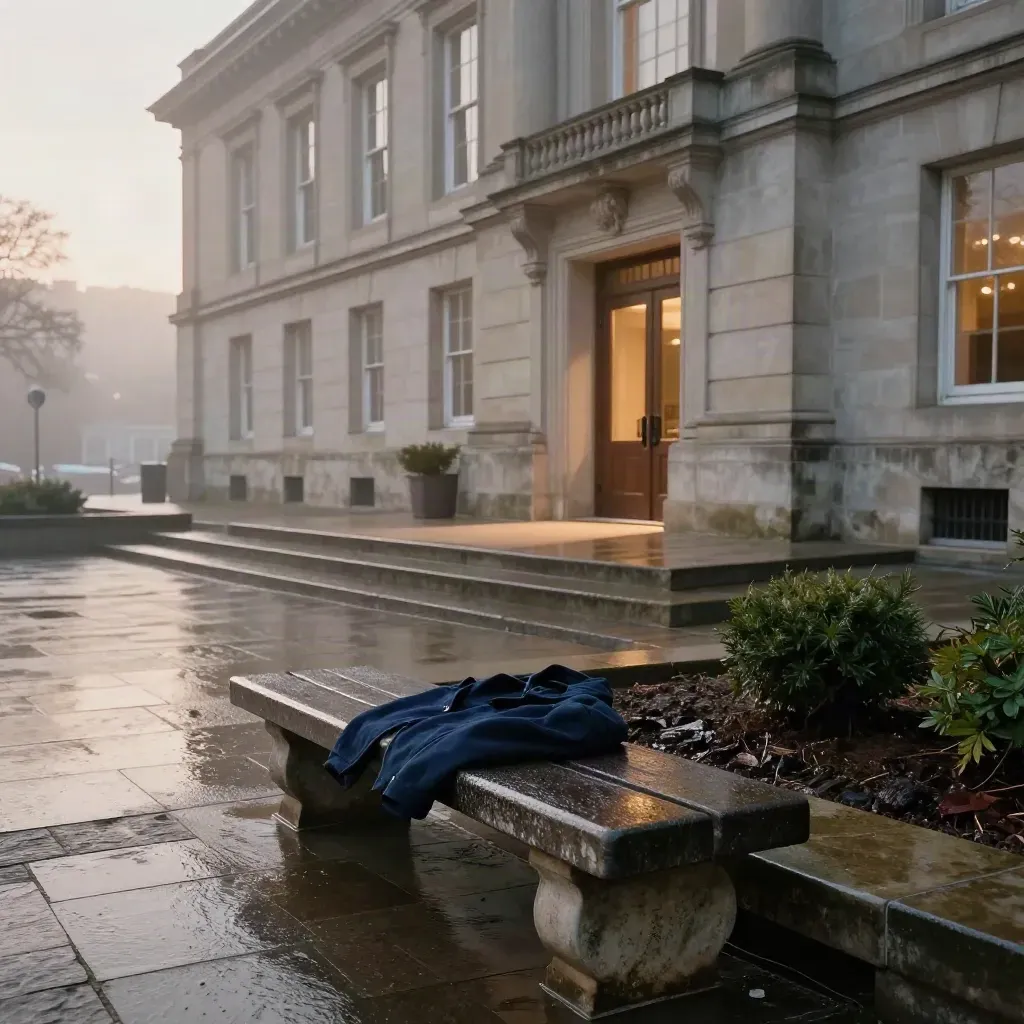 Rainy civic plaza with bench, folded jacket, planter, and city hall doors opening in mist.
