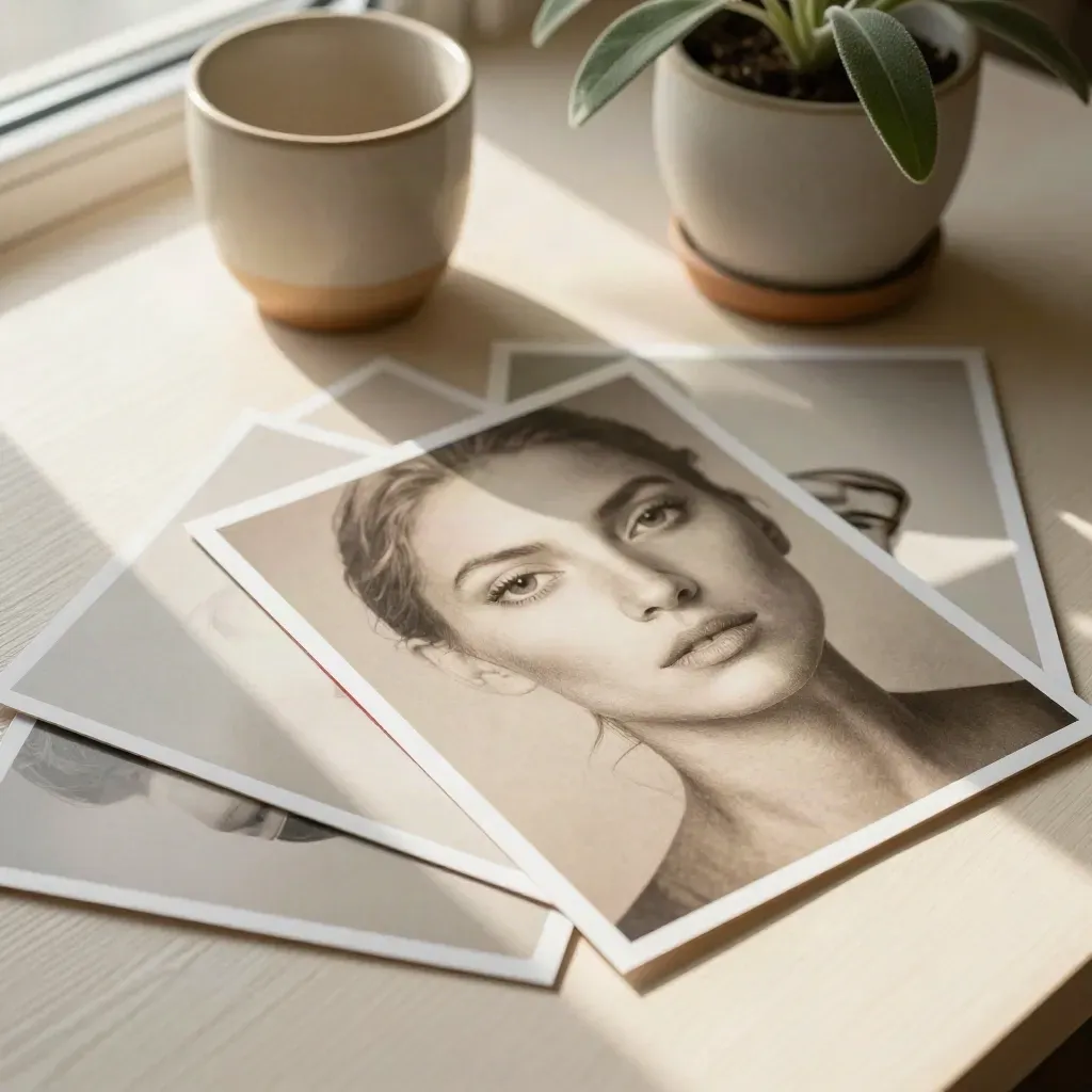 Top-down morning edit with glossy prints, ceramic cup, and a small plant in warm window light.