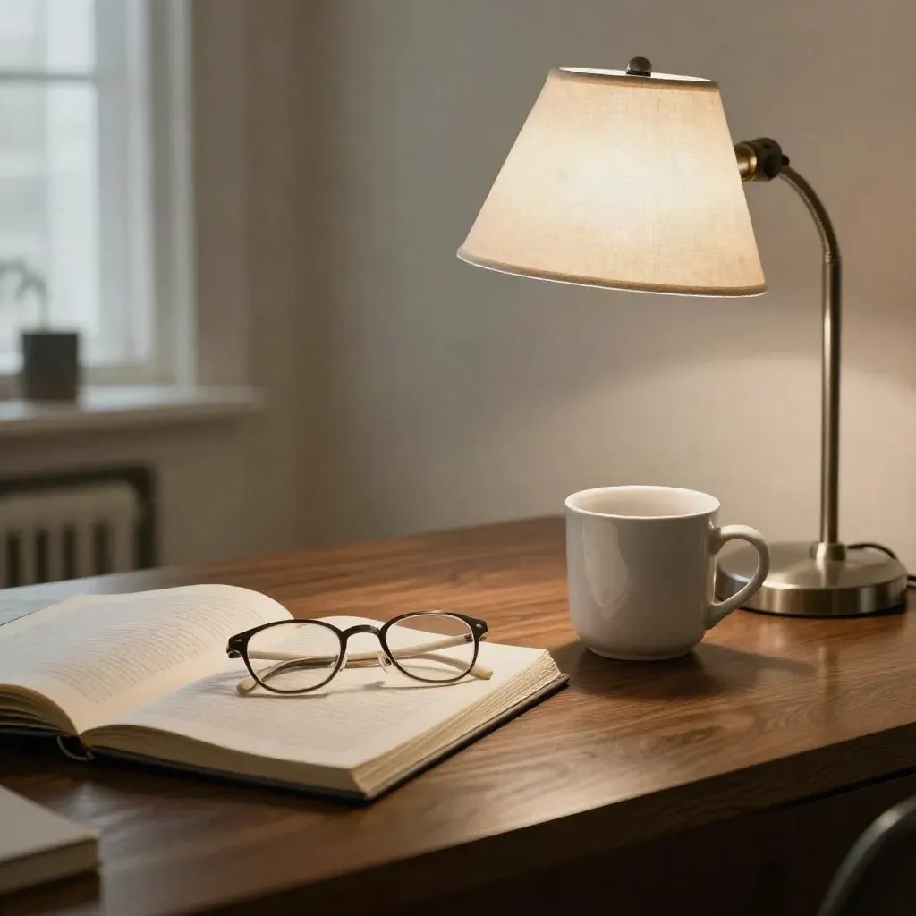 Reading glasses, mug, notepad, and desk lamp on a walnut opinion desk