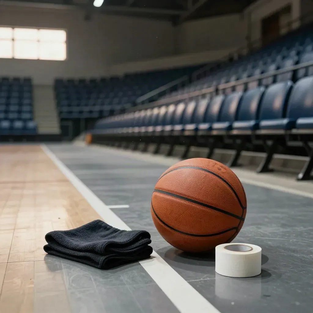 Empty arena sideline with basketball, towel, tape roll, and glowing seats after the buzzer.