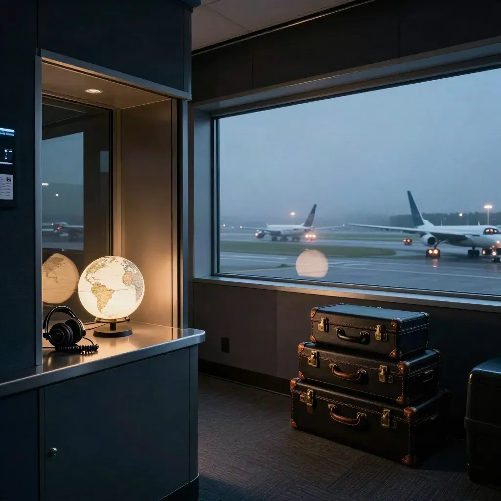 Night control room window over airport apron with globe lamp, headset, travel cases, and taxiing planes