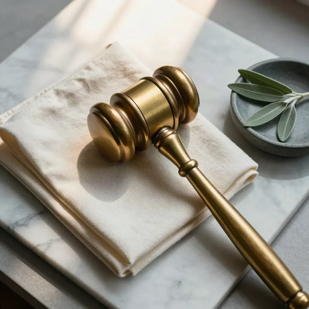 Overhead brass gavel with cream cloth, herb and stone dish on pale marble, navy accent