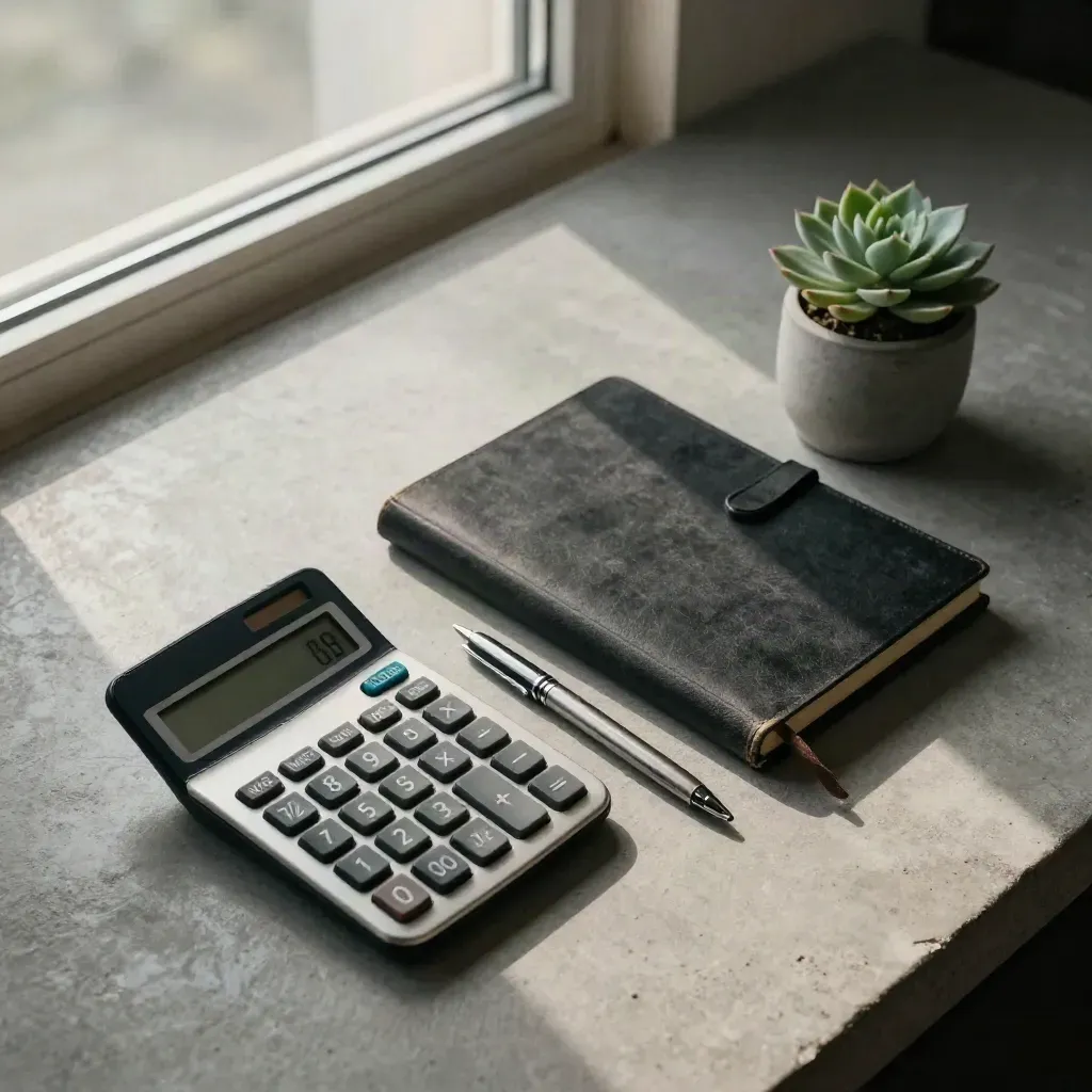 Calculator, ledger, steel pen, and succulent on brushed concrete under soft upper-left light.